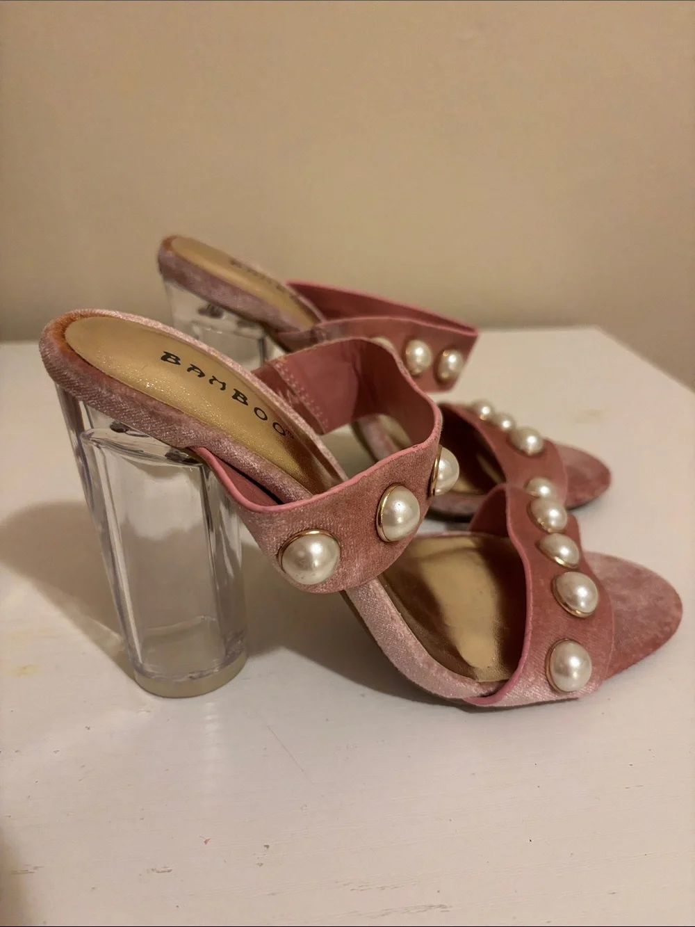 BAMBOO Pink Velvet Slide Heels with Pearl Accents